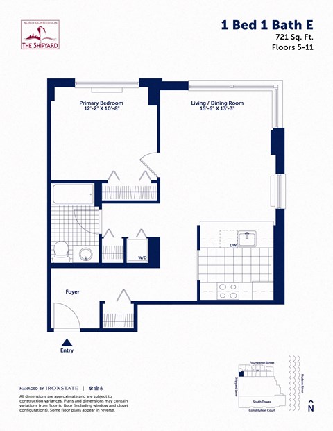 Floor plan for 1 bed, 1 bath, 721 sqft